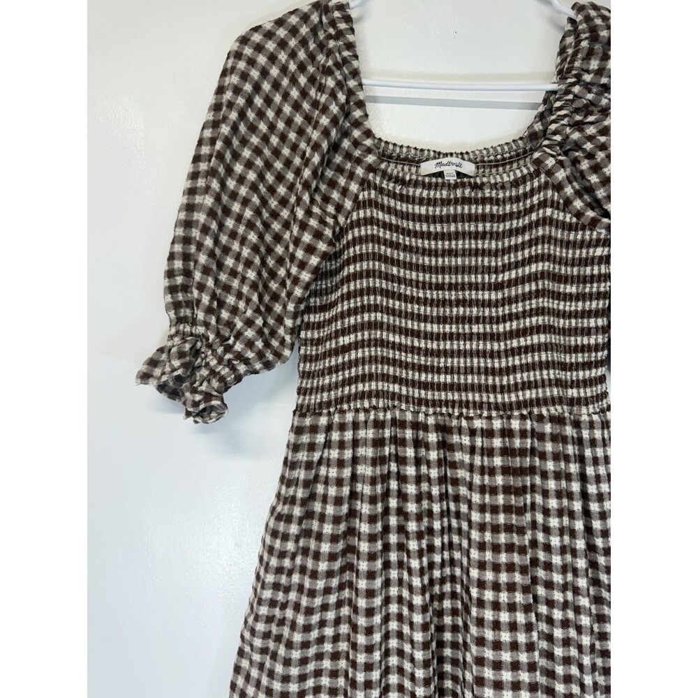 Madewell Lucie Smocked Gingham Midi Dress Brown White Puff Sleeve Cotton Sz XXS - Picture 5 of 16